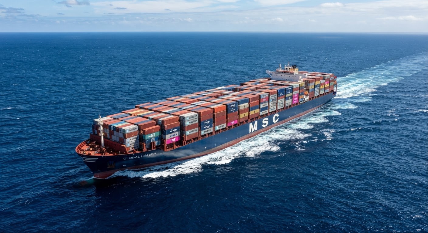 Aerial view of a container ship at sea