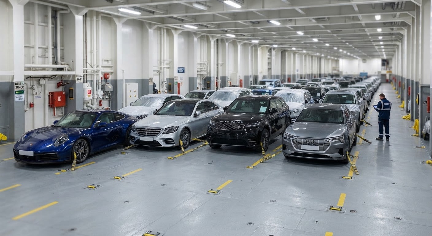 Vehicles secured inside a car carrier ship
