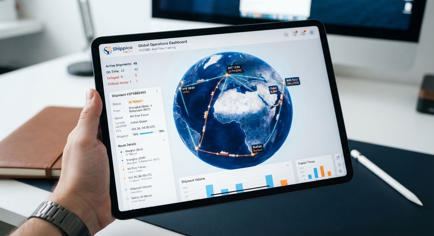 Logistics tracking dashboard with a 3D globe of transit routes